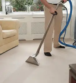 Professional carpet cleaner using a hot-water extraction wand and hose machine in a living room in Chicago, IL.