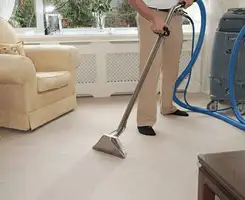 Carpet cleaning professional removing dirt and stains with a hot-water extraction tool in a home, Chicago, IL.