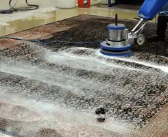 Professional rug cleaning with a rotary floor machine and shampoo foam, deep-cleaning an area rug, in Chicago, IL.